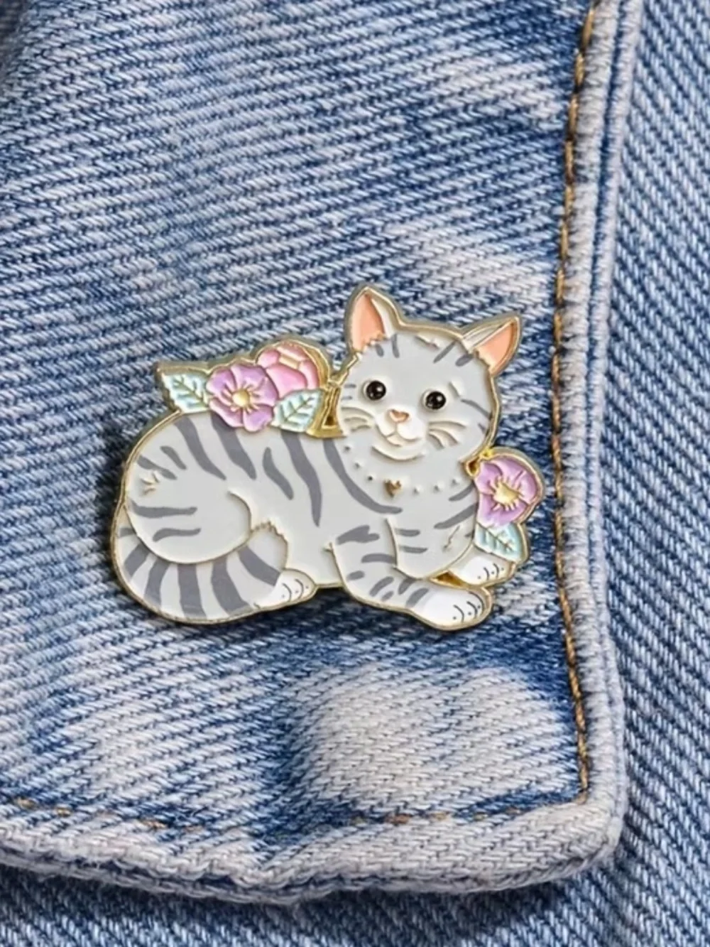 Polychrome Cat Enamel Pin - Cute Gray Tabby with Pink Flowers